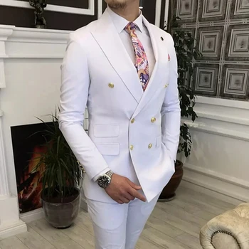 Legújabb dupla mellű fehér férfi öltönyök csúcsos hajtóka karcsú szabású vőlegény esküvői szmokingi férfi divat szalagavató jelmez kabát nadrág 2 részes