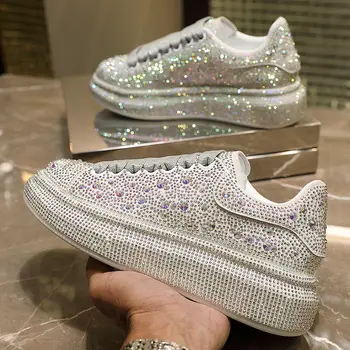 LLUUMIU platform cipő női strasszokhoz Vastag talpú ezüst cipők Ragyogó kristály tornacipők Luxus márka Alkalmi cipők