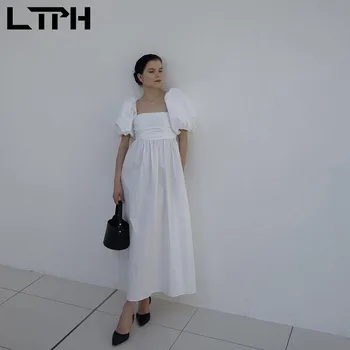 LTPH vintage elegáns fehér ruha női puffos ujjú szögletes gallérú streetwear alkalmi laza A-vonalú hosszú ruhák 2023 nyár új