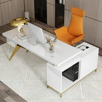 Luxus irodabútor Íróasztal fiókokkal és arany rozsdamentes acél kerettel Üveglap számítógép munkaasztal