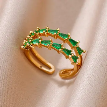 Luxus zöld cirkon gyűrűk nőknek Kétrétegű állítható rozsdamentes acél gyűrű Új az esküvői ékszerekben Ingyenes szállítás Anillos
