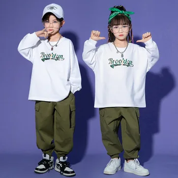 Lányok Hip Hop Street Dance Gyakorlat Jelmezek Levél nyomtatás Fehér pulóver Hadsereg zöld rakomány nadrág szett Fiúk Fesztivál Rave ruhák