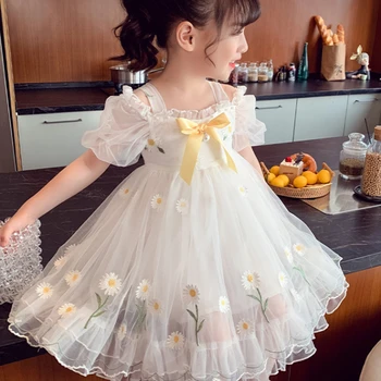 Lányok Party Dress Summer Elegant Princess Dress Cute Daisy Boat Neck Csupasz váll ruha 2-9 éves Kids Birthday Party ruhák