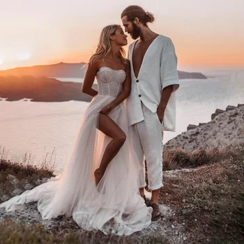 Lásd át a tengerparti esküvői ruhát magas résszel Szexi rakott tüll hát nélküli Boho menyasszonyi ruhák menyasszonynak 2023