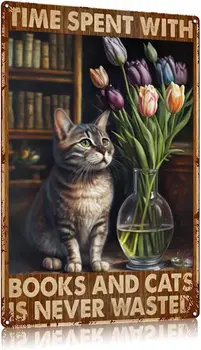 Macska fém bádogtábla,Kávé retro plakát,Vintage kávé és bár fali dekoráció Festészet - könyvekkel és macskákkal töltött idő