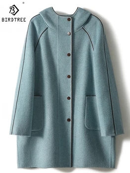 Madárfa 60%Gyapjú 25%Nyúlszőrme Megfordítható kabát Kapucnis Egyszínű Senior alkalmi Öregedéscsökkentő meleg ingázás Kabát C3N352QD