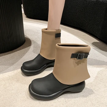 Med Heel Boots márka női cipő kerek orrú klumpák platform csizma-női flat divat rock Lolita 2023 női bőr PU PVC Sol