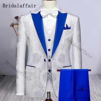 Menyasszonyi férfi fehér elegáns öltönyök Luxus ezüst nyomtatott csúcshajtóka Jacquard esküvői jelmez homme 3 részes blézer mellény nadrág