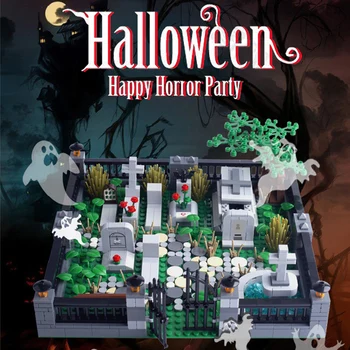 MOC City Halloween temető jelenet építőelem csontváz kincses gyémántok sírkő kockák játékok ajándék