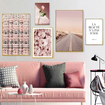 Modern fali képfestés nappali dekorációhoz, esztétikus rózsaszín iszlám művészet, rózsavirág épület vászon nyomtatási plakát
