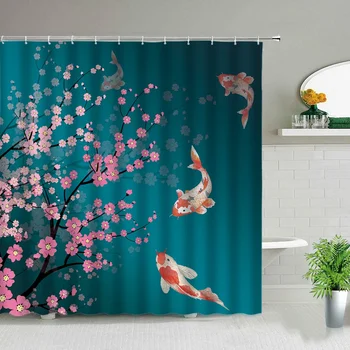 Modern kínai stílusú Koi hal táj zuhany függöny fürdőszoba képernyő vízálló szövet háttér fali dekoráció függő függönyök