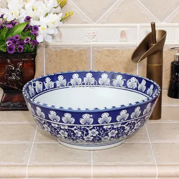 Mosdó Fürdőszobai mosdó Kerámia mosdó Kék és fehér Kínai művészi kerámia mosdómedence ovális Art Coutertop