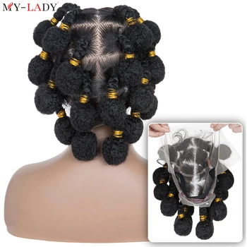 My-Lady 6inch szintetikus teljes csipke paróka kis labdafonott parókák fekete nők számára Napi használatra Afro 220g csomó nélküli cosplay fonó paróka
