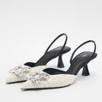Márka női luxus legújabb magassarkú cipő Fényes strassz dekoráció Slip-On elegáns stílusú irodai hölgy vékony sarkú cipő Cipő forró
