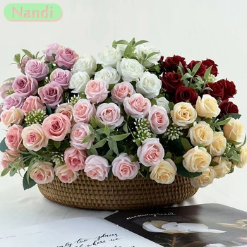 Művirág Otthoni asztaldekoráció Hamis virág rózsa Kis friss esküvői dekoráció szimuláció 5 villa 10 rózsa csokor