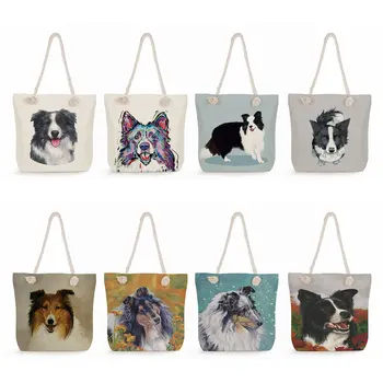 Nagy kapacitású aranyos válltáskák Divatos újrafelhasználható bevásárló oldaltáskák nőknek Népszerű akvarell collie kutya mintás táska