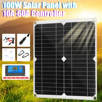  napelem készlet Teljes 100 W-os USB portok Napelem 10/20/30/40/50/60A napelemes vezérlővel Kültéri töltő telefonos kempingezéshez
