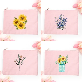 Napraforgó női vászon rózsaszín kozmetikai tokok, táskák, smink tasak, női mosó kézitáska virágmintás rúzs szervezők lány ajándék
