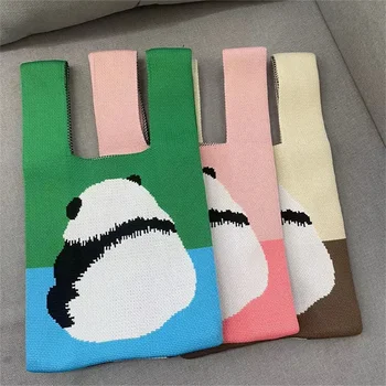 New Ladies Tote női niche design Aranyos panda kötött táska Diákmellény táska Mini csomó Csuklópánt Újrafelhasználható bevásárlótáska