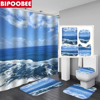 Nyár Tenger Kék ég Óceán 3D nyomtatás Zuhanyfüggönyök Fürdőszoba függöny WC fedél fedél Csúszásmentes szőnyeg Fürdőszőnyegek Szőnyegek Otthoni dekoráció