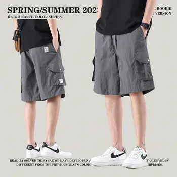 Nyári férfi cargo rövidnadrág Japán vintage zsebes alkalmi rövidnadrág Hip Hop utcai viselet Laza lélegző bő férfi sportnadrág