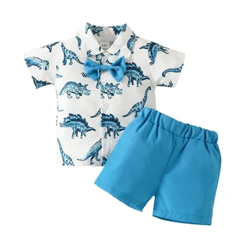 Nyári kisgyermek fiúk dinoszaurusz mintás ruha öltöny íj kisgyerekeknek divat rövid ujjú újszülött romper szett póló + rövidnadrág