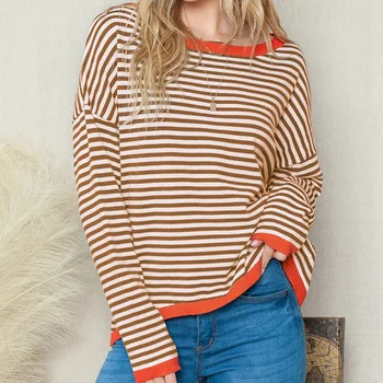 Női csíkos pulóver hosszú ujjú O-nyakú kötött crop top őszi vintage alkalmi póló 2023 Új divat női alap utcai ruházat