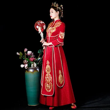 Női esküvő Továbbfejlesztett egyszerű ruhák Esküvői eljegyzési pirítós ruhák Menyasszony Hagyományos kínai bordó Vintage Cheongsam