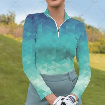 Női golfpóló sárga királykék kék hosszú ujjú felső színátmenet női golf öltözék
