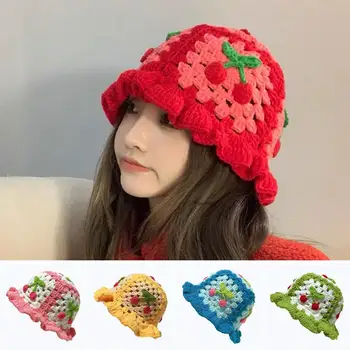 Női horgolt vödör kalap kézzel készített cseresznye horgolt vödör kalap nőknek Stílusos tavaszi/őszi sapka nyaraláshoz Utazás strand