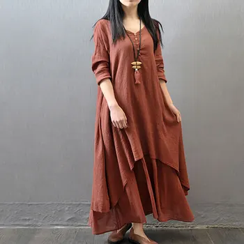 Női pamutvászon ruha Tavaszi nyári kívánság művészi laza hosszú ujjú ruha Boho Sundress alkalmi divat V nyak Asual Style
