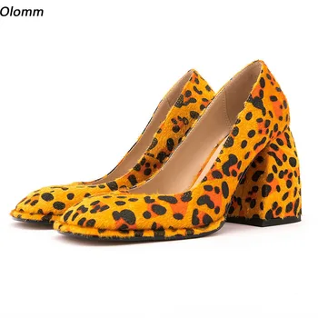 Olomm Handmade Women Spring Pumps Chunky Heels Square Toe Beautiful Leopard Party Shoes Ladies Plus US Size 5-13