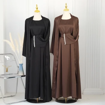 Open Abaya gyöngyfűző kimonó Muszlim nők Belső Maxi ruhák szett 2 részes pulyka Dubai Kaftan iszlám eid Ramadán arab köntös Jalabiya