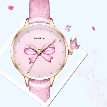 Panmila Brand Girls rózsaszín bőr órák nőknek Crystal Bow Dial kvarc óra Női diákruha Karóra óra ajándék