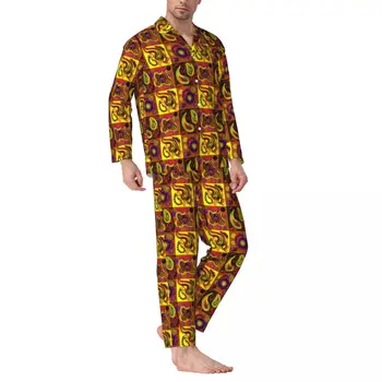 Patchwork mintás pizsama szettek Őszi pszichedelikus Paisley Szép otthoni hálóruha Férfi 2 részes vintage túlméretezett grafikus otthoni öltöny
