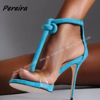 Pereira átlátszó PVC T pántos szandál Kötél dekor Háttámla Női tűsarkú cipő Magas sarkú cipő Nyári esküvői cipő Lány szandál sarkú cipőn