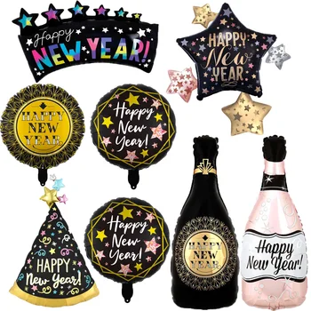 Pezsgősüveg-lufi, újévi parti jelenet elrendezésű dekoráció, fekete és arany, 2024