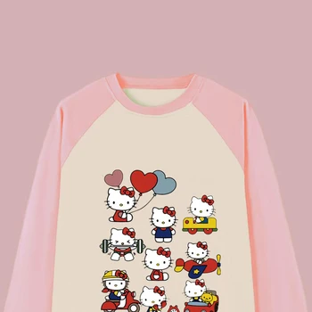 Pink Sweet Hello Kitty hosszú ujjú póló Kawaii Sanrio rajzfilm pulóver divat anime tiszta pamut alátét College Ins kapucnis pulóver