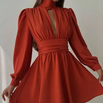 Piros hosszú ujjú estélyi ruhák Halter V nyak térdig érő sifon báli ruhák Szaúd-Arábia női formális ruha