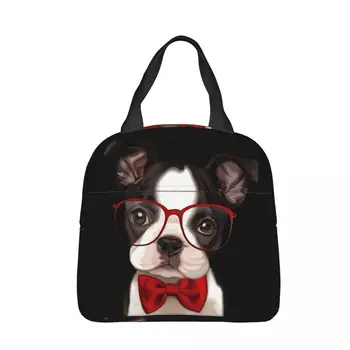Piros szemüveges csokornyakkendő szigetelt uzsonnás táska Francia bulldog Frenchie kutya női gyerekek hűtőtáska Thermal hordozható uzsonnás doboz jégakku