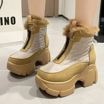Platform Flats Snow Fur Bokacsizma Női meleg plüss cipő Téli tervező 2024 Chelsea pamut csizma Séta cipzár Botas Mujer