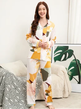 Plus size S-3XL pizsama szett női házi ruhák ViszkózNyomtatás tavaszra és őszre Hosszú ujjú bő nadrágkosztümök Hálóruha