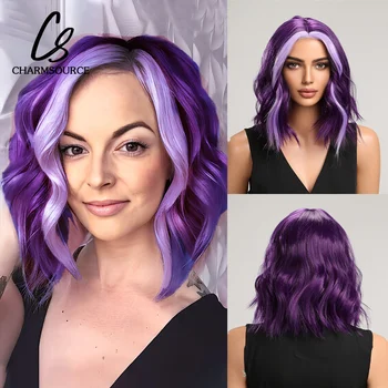 Purple Short Bob Wave szintetikus parókák frufruval nőknek Cosplay Ombre Light Purple Daily Cosplay Party hőálló haj