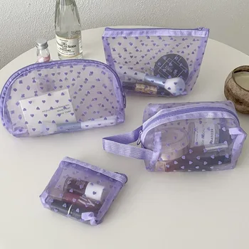 Purple sorozat Szív nyomtatás átlátszó hálós tárolótáska Hordozható kozmetikai rendszerező Sminktasak Fürdőszoba bőrápoló piperecikkek készlet