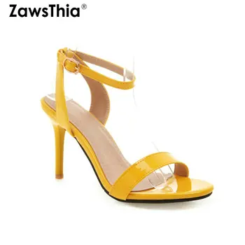 QPLYXCO 2020 nyári szabadalom PU sárga fehér 9cm vékony magas sarkú cipő pumpák Peep Toe szexi nő esküvői cipő Szandál Nagy méret 33-50