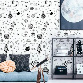 Rajzfilm rakéta űrhajós bolygóhámozó és ragasztható tapéta fiú szobához hálószoba öntapadós fekete fehér fali papír falfestmény
