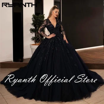 Ryanth báli ruha Fekete esküvői ruhák Flitteres csipke rátétekkel Menyasszonyi ruha hosszú ujjú fűzős hercegnő parti ruha Plus size