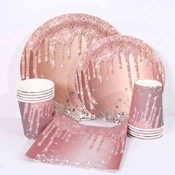 Rózsaarany eldobható étkészlet készlet Papírtányér csésze születésnapi zsúr dekoráció gyerekek felnőtt esküvői születésnapi kellékek baba zuhany lány