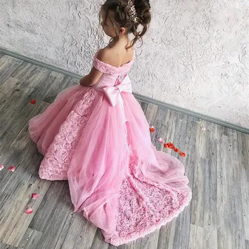 Rózsaszín csipkevirág Lány ruhák esküvőkre Aranyos 3D hercegnő Gyerekek Gyerekek Esti parti Elsőáldozás Íj rátétek Báli ruha