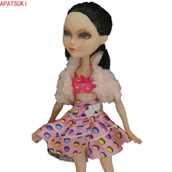 Rózsaszín divatruha szett Monster High Doll Polka Top szőrme rövid kabát szoknya ruhák démonbaba kiegészítőkhöz 1/6 gyerek játékok